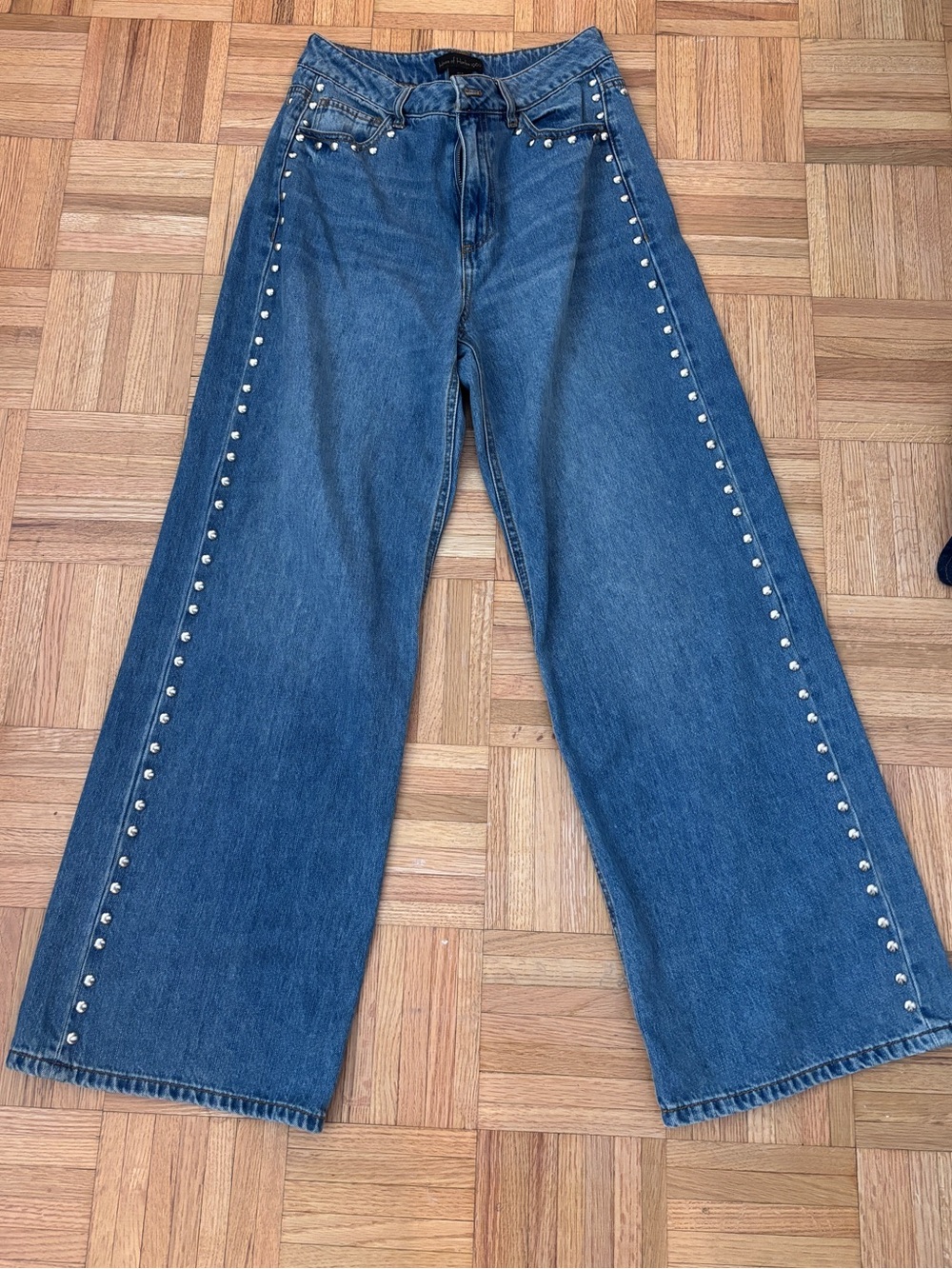 House of Harlow 1960 Denim Wide-Leg Jeans with Silver Stud Trim